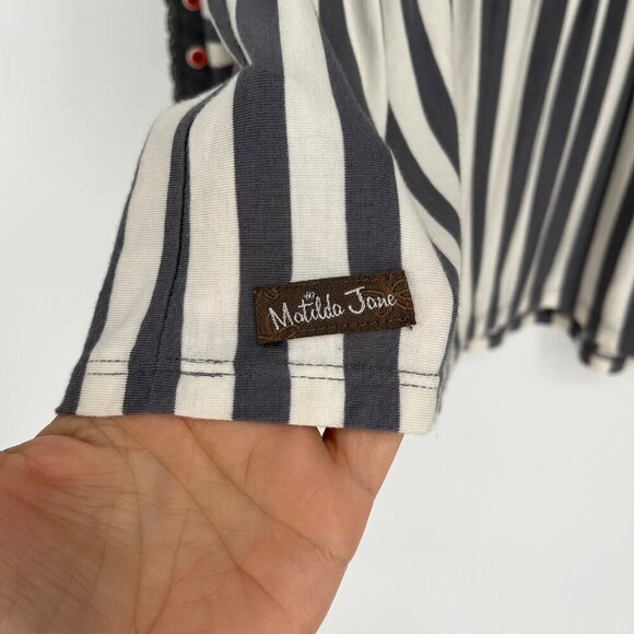 Matilda Jane Let's Connect Tee Gray Cream Striped Long Sleeve Peplum Top Size Sm - Picture 4 of 8